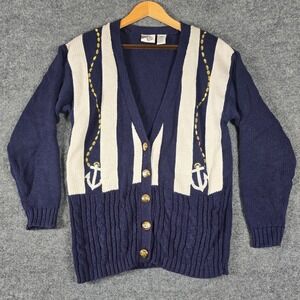 Jason Maxwell Nautical Anchor Striped Button Cardigan Sweater Size M Navy White